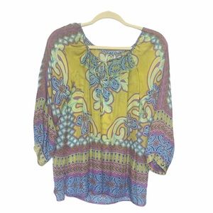 NWOT beautiful Hale Bob vibrant silk blouse purple, lime, blue boatneck M